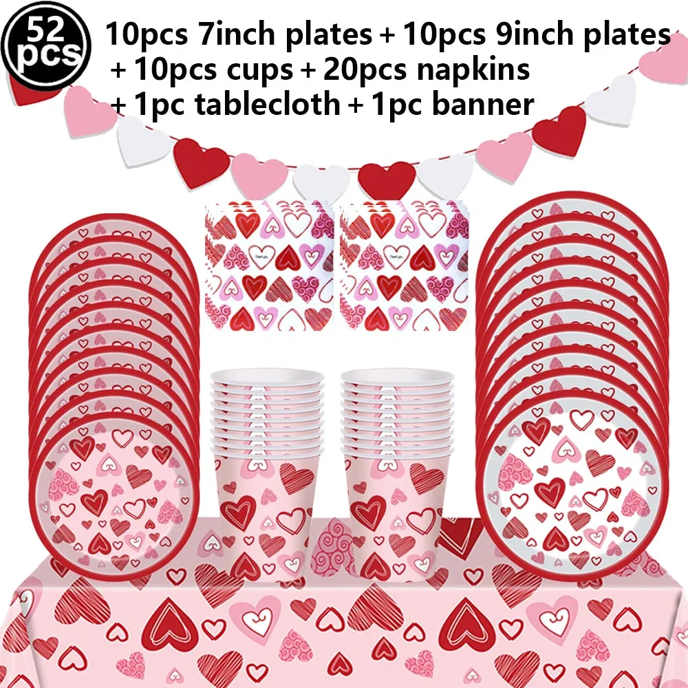 Valentinstag Party-Geschirr Rote Herz-Pappteller Servietten Becher Strohhalme Hochzeit Valentinstag Party-Dekorationen Zubehör – Detail 6