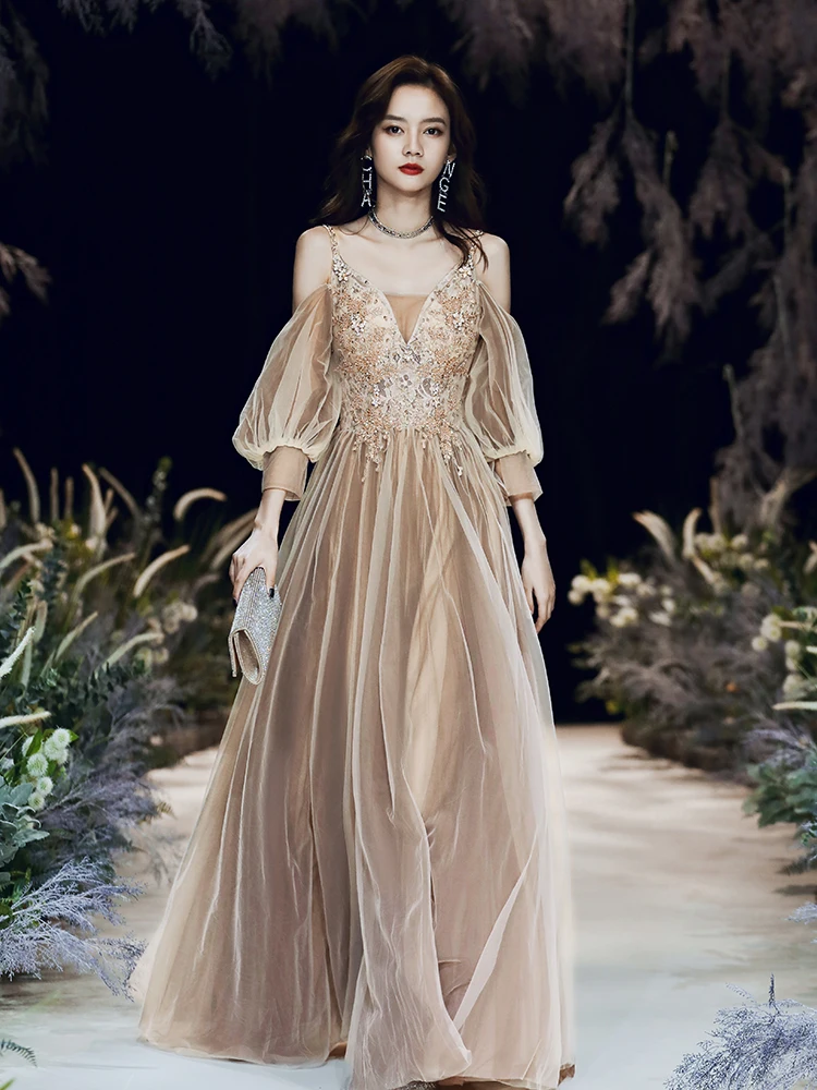 

Elegant Long Evening Gown Women's New 2026 High-End Luxury Wedding Dress Hostess Toasting Costume Bride Elegant Pure Color