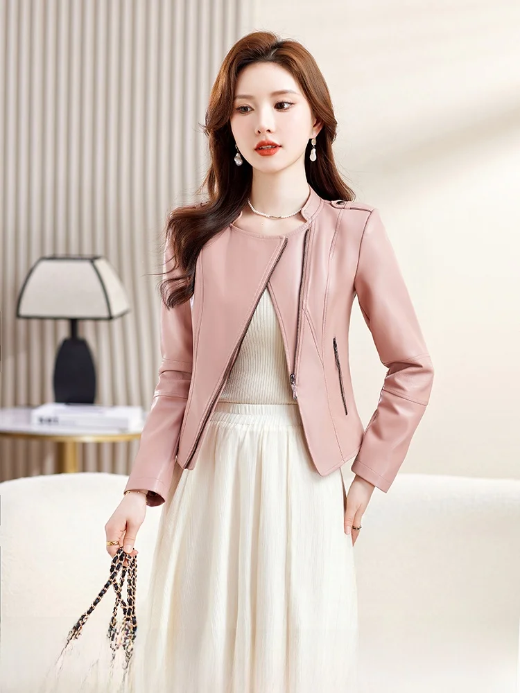 

Spring Autumn ort Women's Motorcycle Sle eepskin Jaet Slim Fit High Waist Stand Collar Zipper Closure Breathable Coat