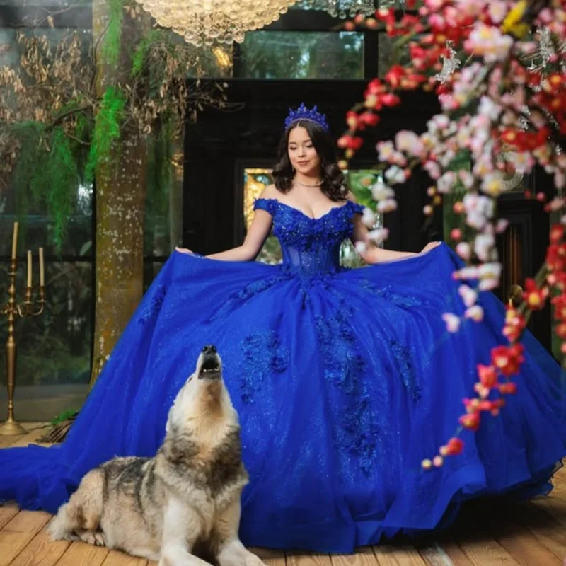 ชุดเดรสงาน Quinceanera สีน้ำเงินรอยัลเงางาม ประดับกลิตเตอร์ ดอกไม้ 3 มิติ คริสตัล ตกแต่งด้วยลูกปัด หางยาว Vestidos De 15 Quinceanera ﻿ ปรับแต่ง