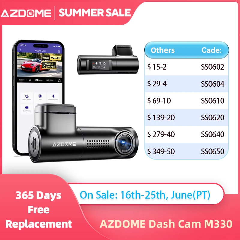 AZDOME M330 Dash Cam WiFi FHD 1080P Front Dash Camera for Cars Voice Control Car Camera WDR Night Vision 24 Hours Parking Mode