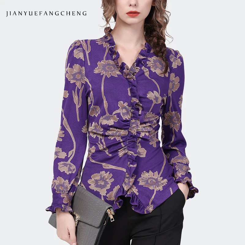 Imagem -04 - Vintage Floral Impresso Womens Stretching Alongamento Camisa de Malha Elegante Magro Babados Topos 2023 Outono Nova Manga Longa Blusas de Malha com Decote em v