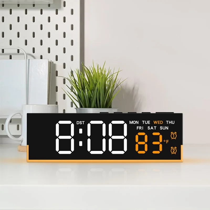 USB-betriebener digitaler Wecker mit Stimmungslicht, TEMP, Datum, Woche, 2 Alarme, automatisch dimmbar, Schlummer-Tischuhr, 12/24 Stunden, DST-LED-Uhr – Detail 14