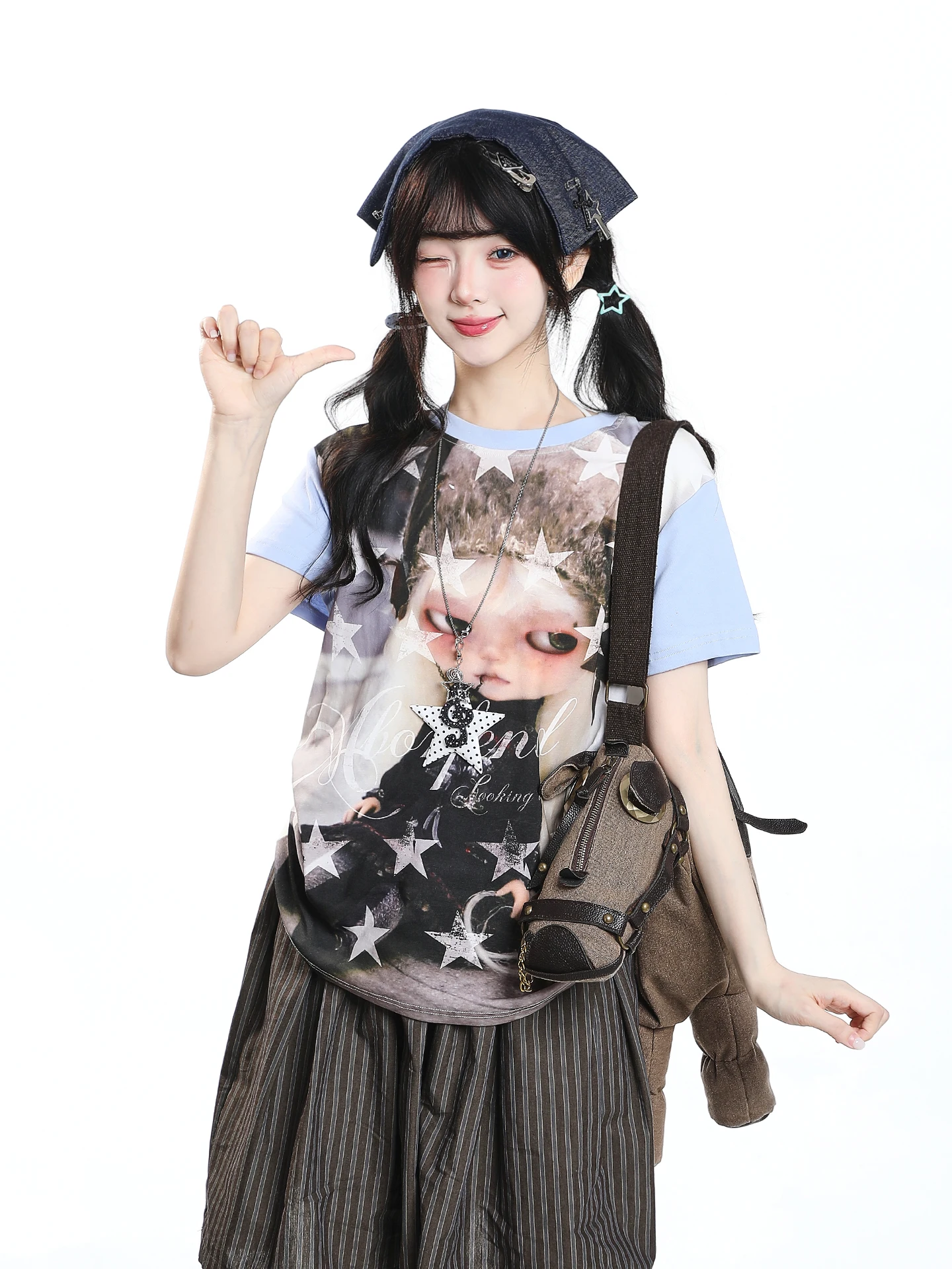 Casual American Style Short Sleeve T-Shirt Women Summer Streetwear Color Block Loose Overhead round Neck Print Top
