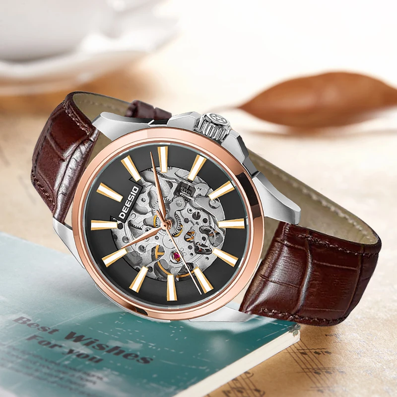 ساعات Deesio للرجال N821CP ساعة ميكانيكية مجوفة بحركة أوتوماتيكية 30 متر مقاومة للماء ساعة يد فاخرة على الموضة مع صندوق هدايا