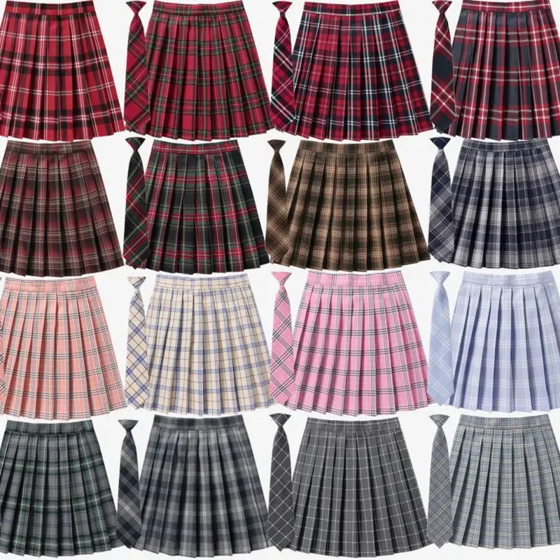 2023 Summer Japanese Style Kawaii Plaid Pleat  Skirt with Necktie Y2K Harajuku Preppy Japanese School Uniforms Sweet Mini Skirt