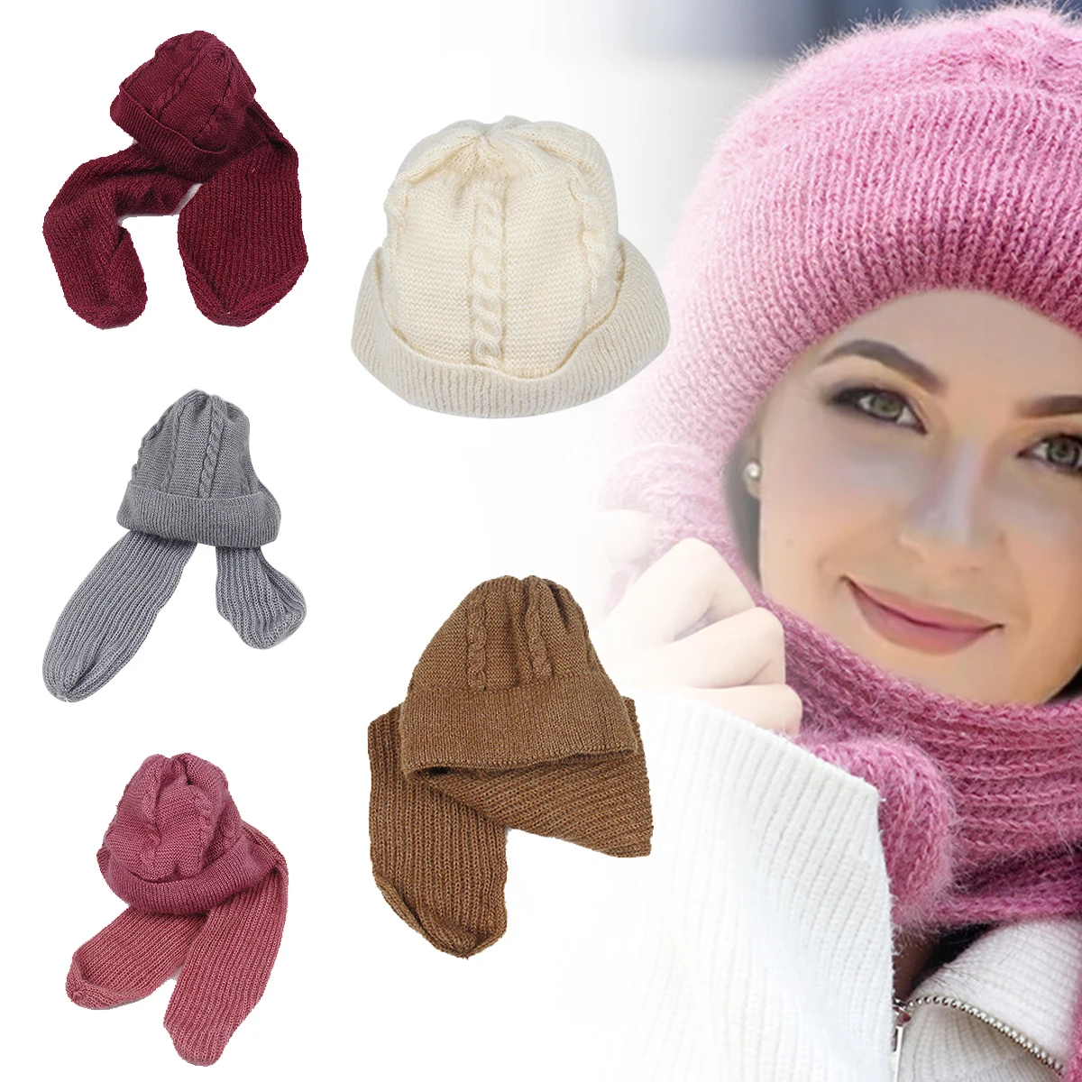 

New Fashion Winter Women Beanies Caps Warm Bear Ear Hat Gift Casual Plush Hat Scarf Set Casual Solid Women Caps Present