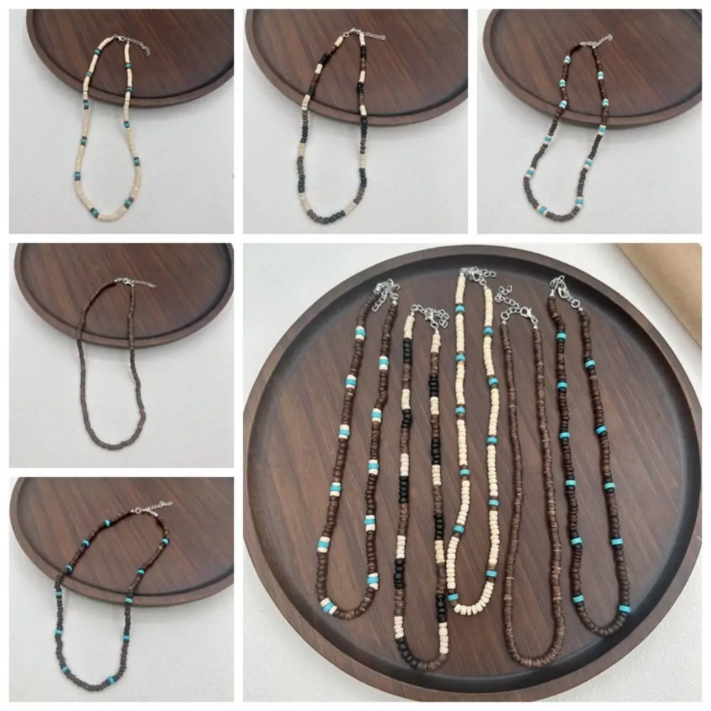 Boho Coconut Shell Necklace Sweater Chain Ethnic Style Turquoises Beaded Necklace Clavicle Chain Jewelry Accessories