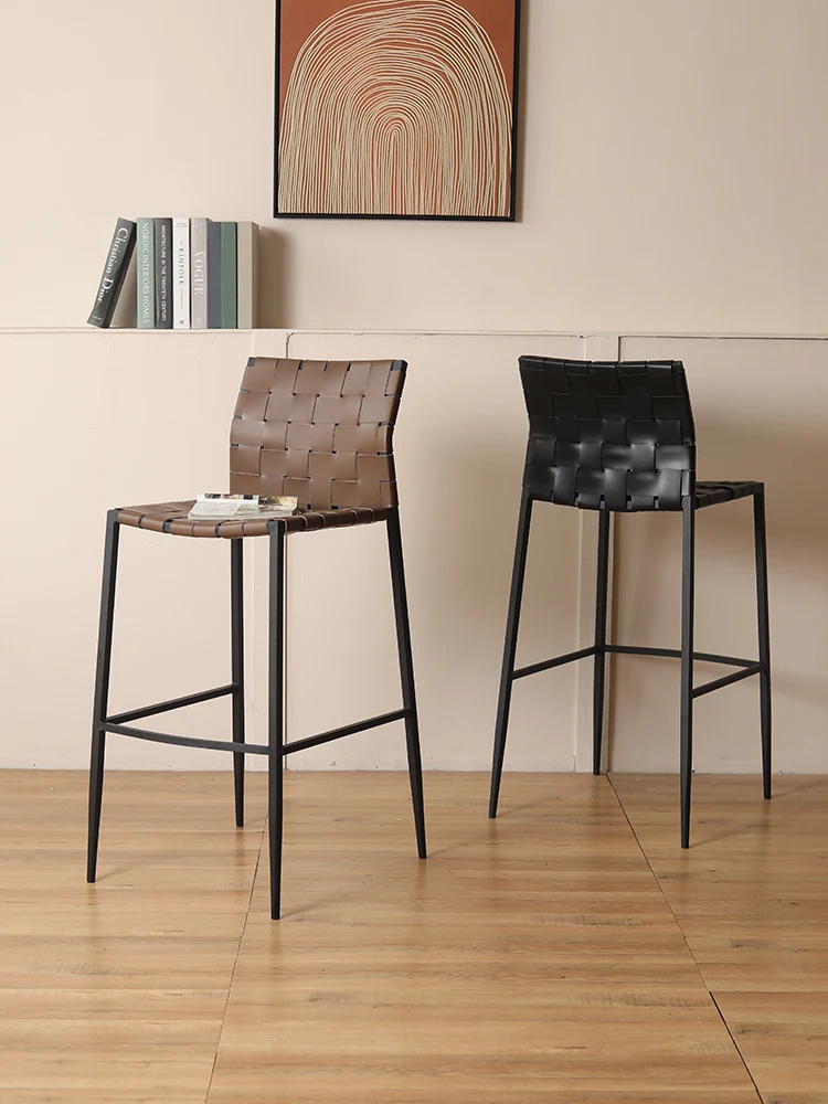 Luxury Italian Saddle Leather Bar Stool High Back Counter Chair for Home Dining Industrial Design