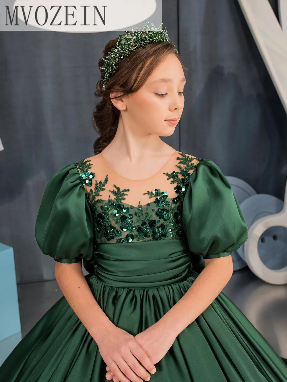 Vestito da principessa verde vestito da ragazza di fiori in pizzo vestito da ragazza con fiocco carino in raso vestito da bambino vestito da festa per bambina