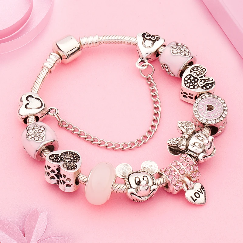 Potdemiel HOT Pink Enamel Crystal Mickey Minnie Charm Bracelets Silver Color Heart Cartoon Bead Jewelry for Women Girl Gift