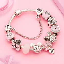 Potdemiel HOT Roze Emaille Kristal Mickey Minnie Charm Armbanden Zilver Kleur Hart Cartoon Kraal Sieraden voor Vrouwen Meisje Gift