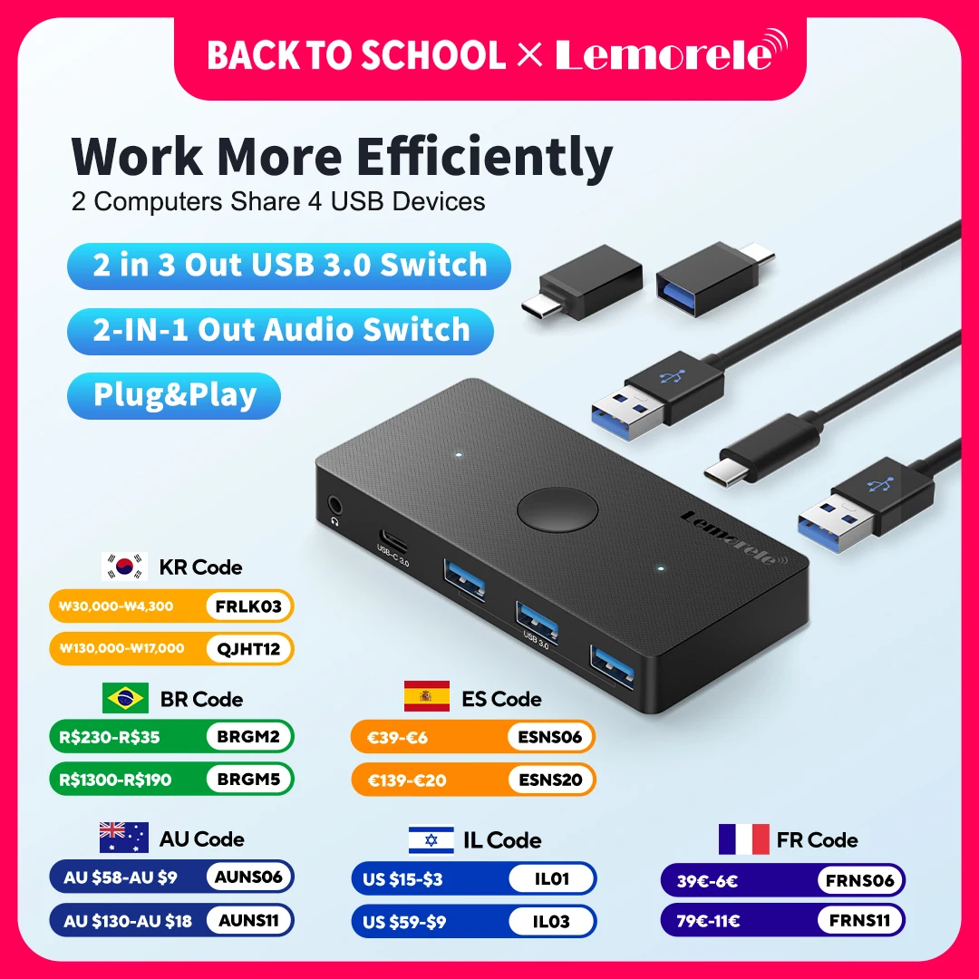 Lemorele H100 USB KVM Switch USB 3.0 Switcher KVM Switch für Windows 10 PC Tastatur Maus Drucker 2 PCs Sharing 3 Geräte USB Swi