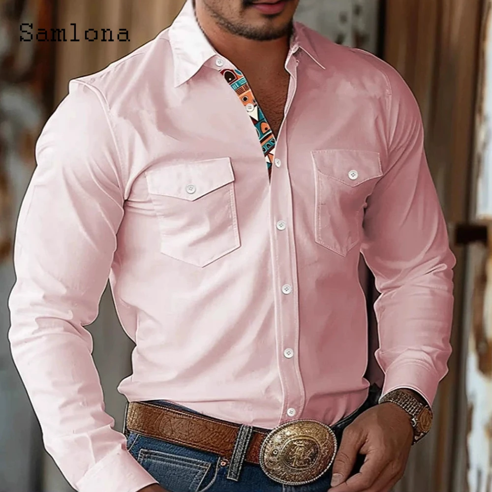 เสื้อเชิ้ตแขนยาวผู้ชายสไตล์คาร์โก้ ปี 2025 ยุโรป วินเทจ เสื้อพื้นฐานแบบสวม คอตั้ง มีกระเป๋า เสื้อเชิ้ตลำลองผู้ชายแบบใหม่