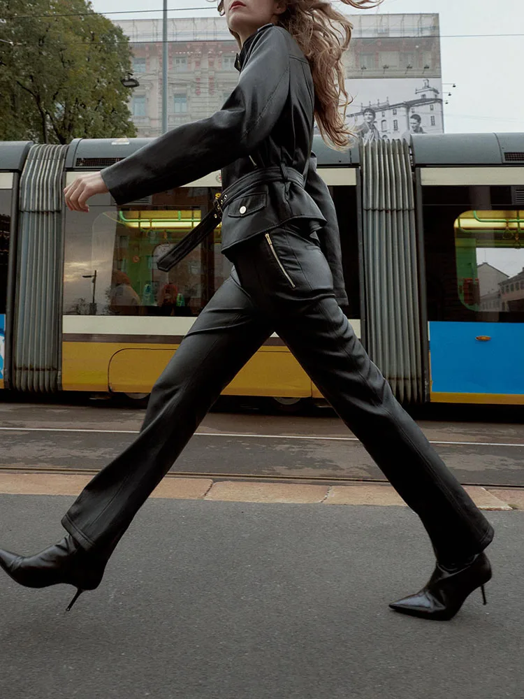 冬の新作レディースジャケットコート、レザーパンツ、ロング丈、ボタン留め、レディースファッションアウター