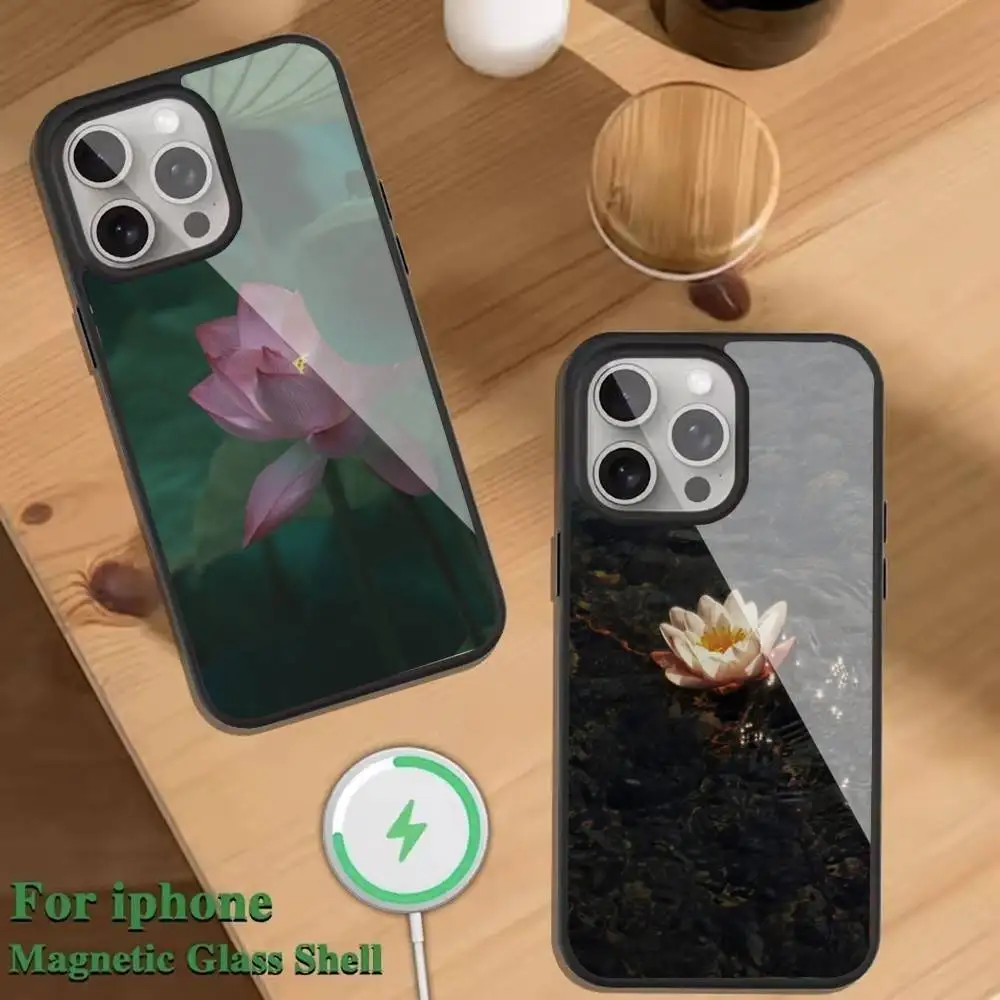 

lotus flower Aesthetic Phone Case For Magnetic Wireless Charge Cover For iphone 16 15 14 13 12 11 Pro Max Plus Coque