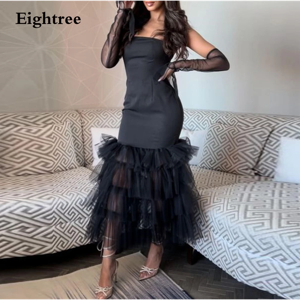 

Eightree Black Strapless Prom Dresses Ruffles Sexy Stain Ruffles Abendkleider Dubai Evening Dress Robe De Soirée Party Grown