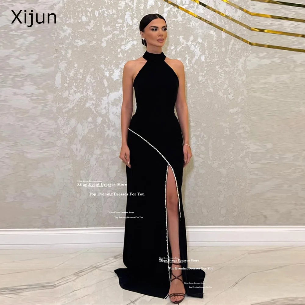 

Xijun Elegant Black Halter Evening Dresses Sleeveless Beading Slit Mermaid Prom Dresses Formal Occasion Prom Gowns Customized