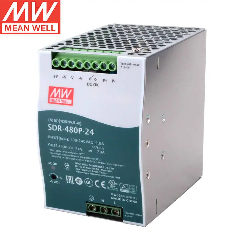 MEAN WELL Única Saída Industrial DIN RAIL, PFC e Fonte de Alimentação de Comutação Paralela, Novo, Original, SDR-480P-24, 24V, 20A