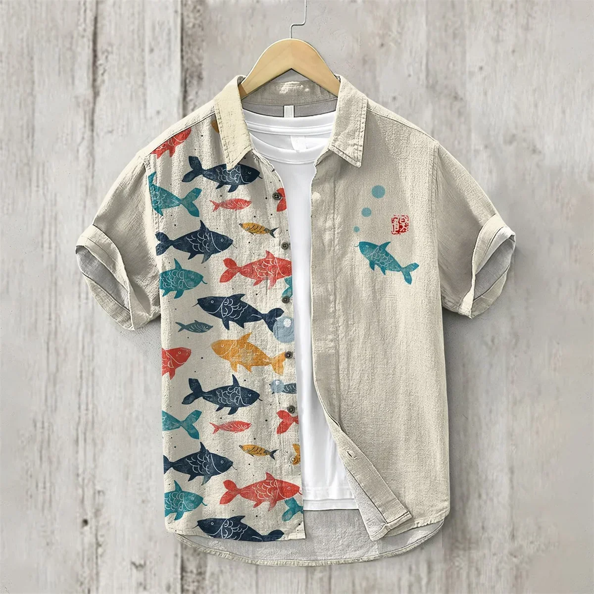 

Men's Hawaiian Style Retro Fish Print Short Sleeved Shirt, Casual Linen Top, Loose and Breathable, Fashionable