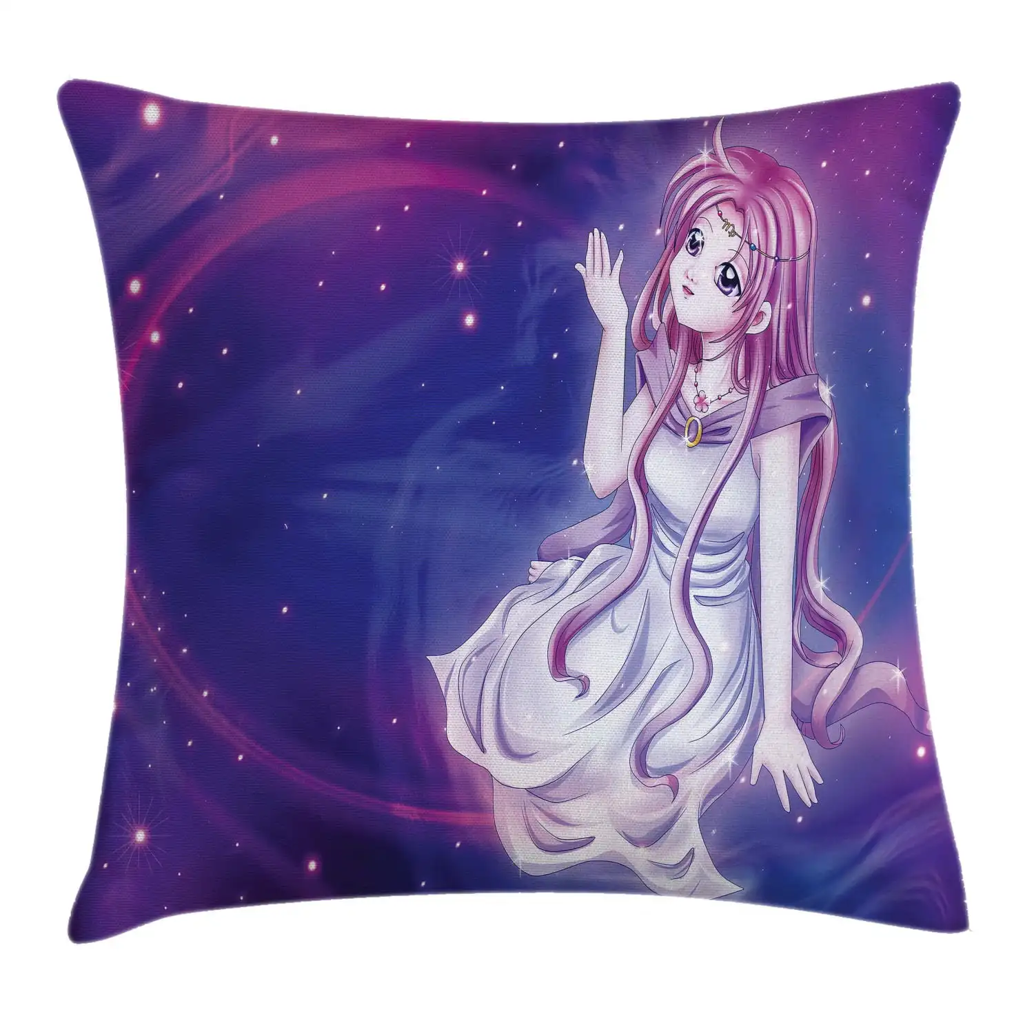 Anime Throw pillowcase, Cute Purple Anime Fairy Sitting in Theme of Zodiac Astrology Horoscope Sign Artprint pillowcase