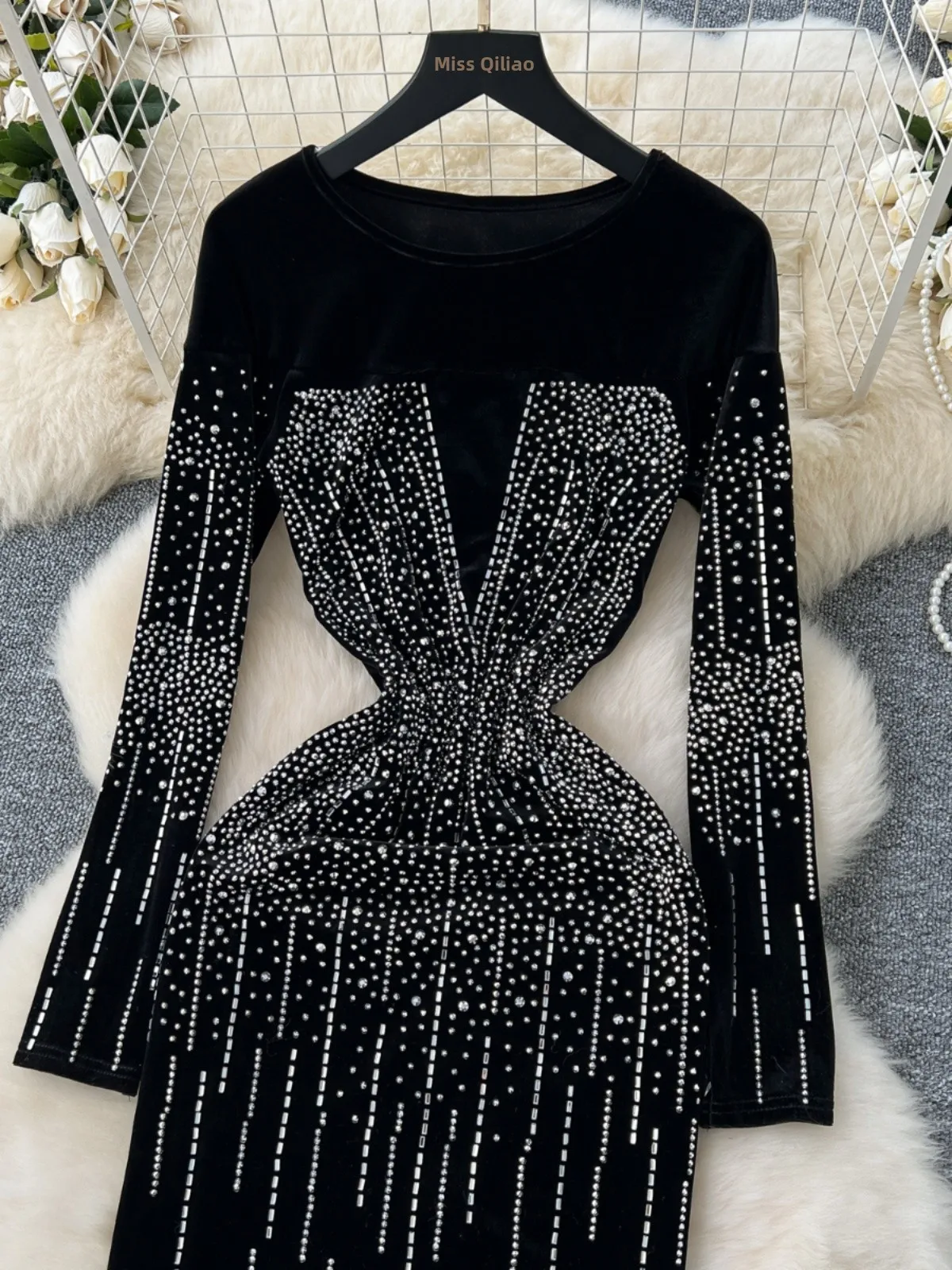 Velvet Long Sve Slimming Evening Par Dr Women's Faionable Winter High Waist A-Line Skirt Mid-Length Korean Sle