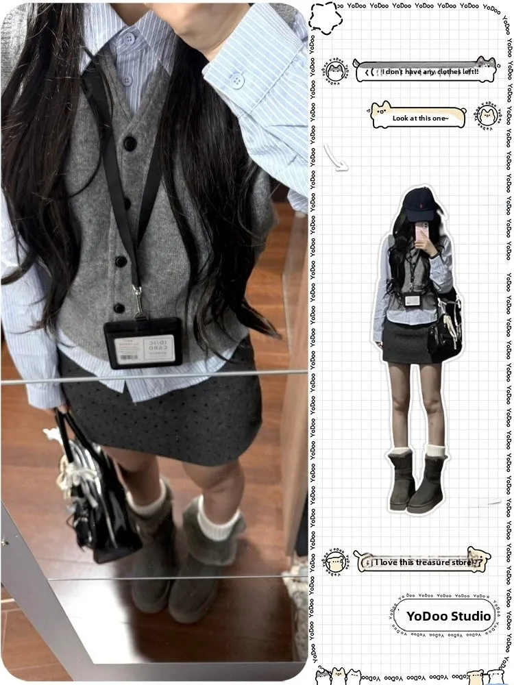 

Korean College Style Knitted Cardigan Sweater Embroidered Vest Shirt Two-Piece Set Versatile Daily Layering Warm Winter Fashion