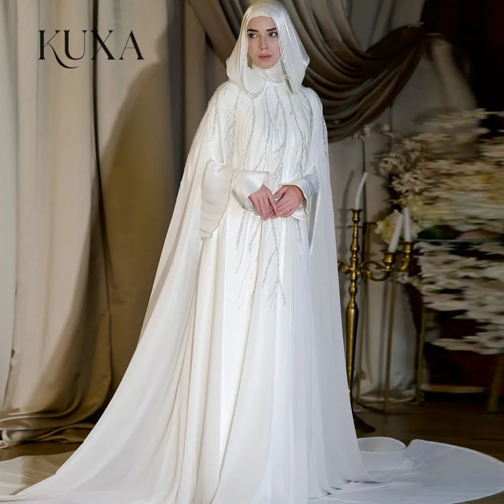 KUXA Maßgeschneiderte A-Linie muslimische Pailletten Brautkleider Luxus Saudi Kuwait bodenlangen volle Ärmel Brautkleider für Frauen 2026