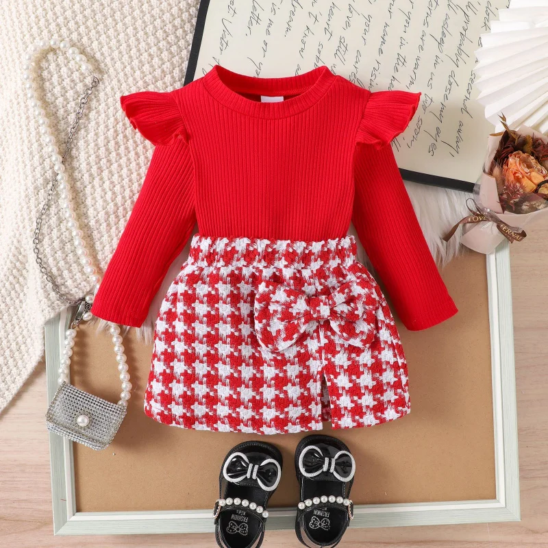 

Autumn and Winter New Girls' Outfit Ribbed Long Sleeve Sweatshirt+Houndstooth Short Skirt Two-Piece Set