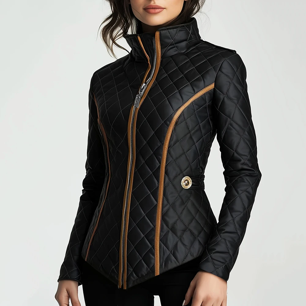 

Black Quilted Jacket for Women Autumn Winter Lightweight Cotton Padded Short Coat Slimming Fit Stand Collar Female Outerwear