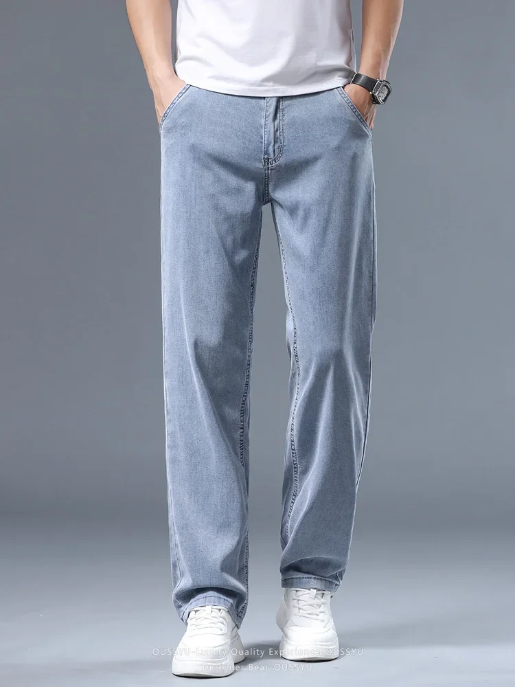 Summer Lyocell Ultra-thin Jeans Men Breathable Elastic Casual Trousers Man Business Baggy Straight Denim Pants Plus Size 40 42