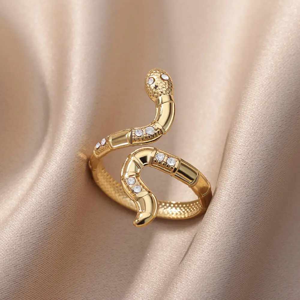 Zircon Snake Rings for Women Men Gothic Open Stainless Steel Ring Charming Vintage Animal Aesthetic Jewelry anillos mujer hombre