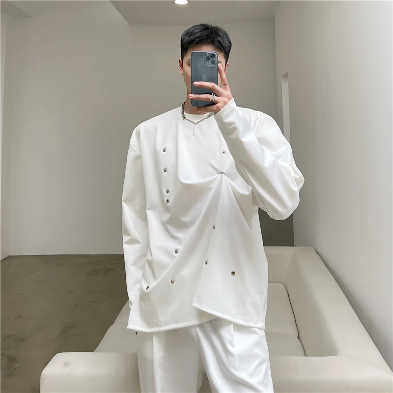 

Spring Personalized Metal Button T-Shirt Sweater Men's Korean Version Fashionable Long Sleeve T-Shirt Loose Casual Coat