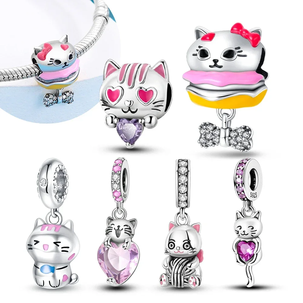 Charms 925 Sterling Silver Cute Animal Pet Series Cat Burger Love Fit Oryginalna bransoletka Pandora dla kobiet do tworzenia biżuterii Prezenty