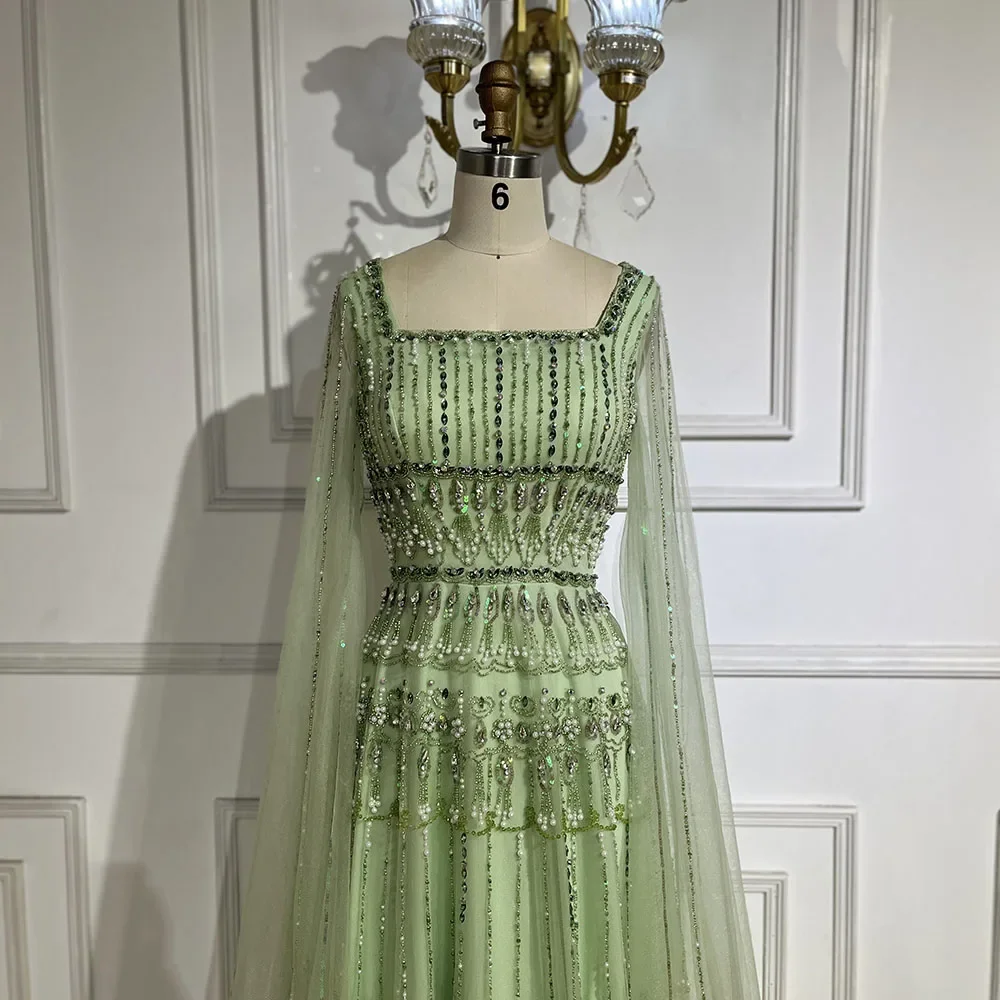 Serene Hill Customized 2025 Saudi Arabia Sage Green Beaded Evening Dresses Cape Sleeve Women Party Formal Occasion Gown GLA72595