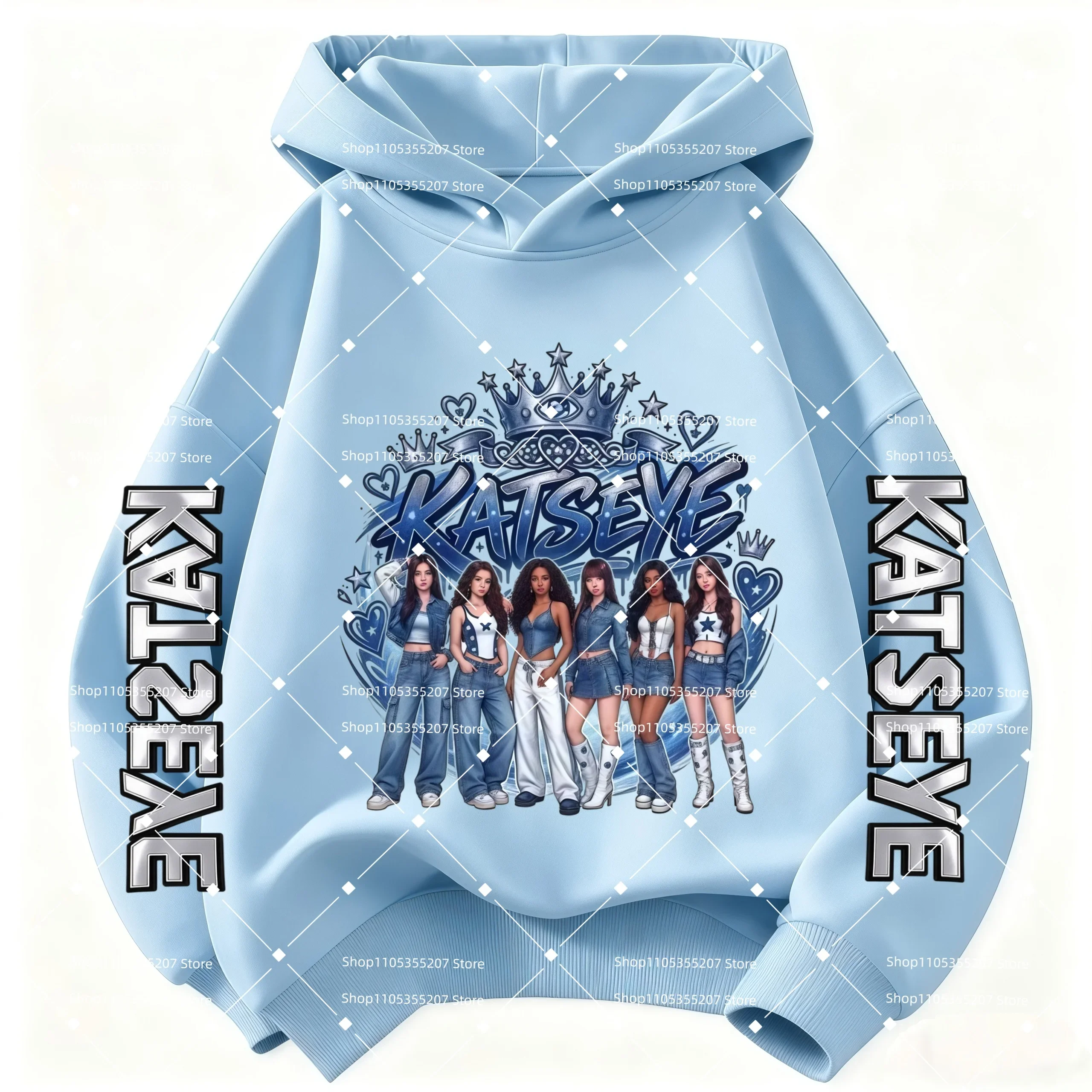 Children Light Blue Top Kids Graphic Print Kids Long Sleeve Sweatshirt NEW Girls Hoodie Katseye Kpop Group Pocket Loose Casual