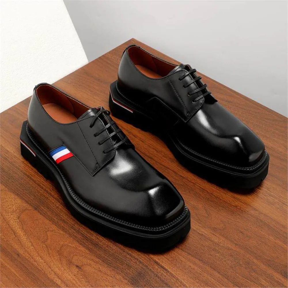 High End Handmade Men's Derby Shoes Youth Genuine Leather Breathable Square Toe Lace Up Business Casual Trendy Thick Sole
