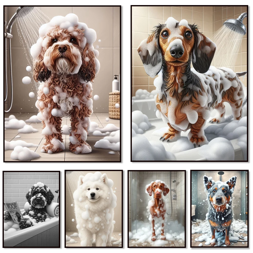 Funny dachshund, blue heeler, dalmatian, wheaten terrier, vizsla, portuguese water dog bathing print, bathroom decoration poster