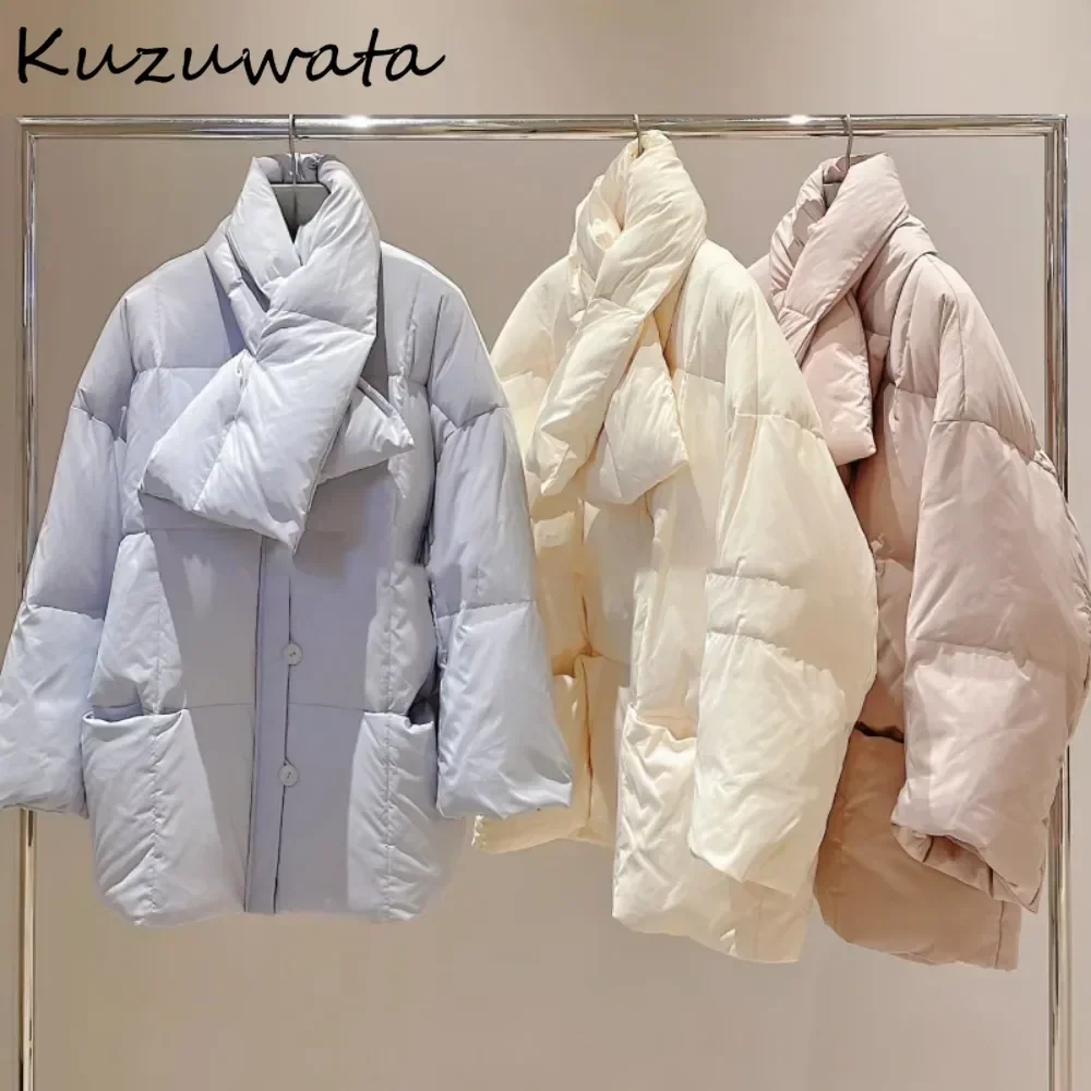 Kuzuwata Thicked New Winter White Duck Down Loose Parkas Scarf Bread Warm Women Clothing Japan Sweet Plaid Commuter Luxury Coat