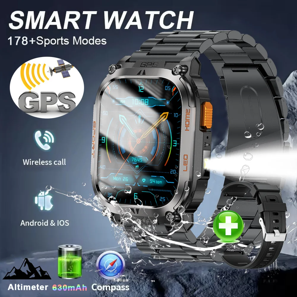 

2025 Новые военные уличные Bluetooth-смарт-часы с GPS-компасом, барометрический альтиметр, 3 атм, водонепроницаемые спортивные умные часы для мужчин