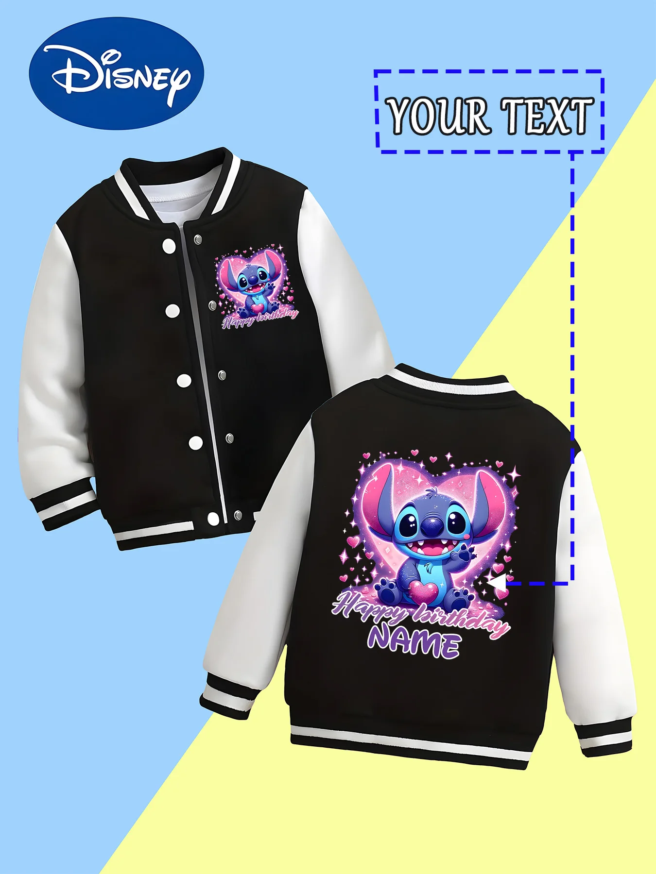 

MINISO Disney Boys Baseball Jacket - Stitch's dreamy birthday print, pink and purple hearts are super romantic, perfect for birt