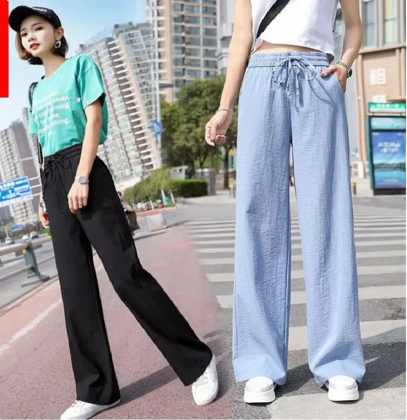 2024 Spring/Summer New Women\'s Korean Edition Wide Leg Pants with High Waist and Ice Silk Drop Feel Nine Point Straight Leg Pant