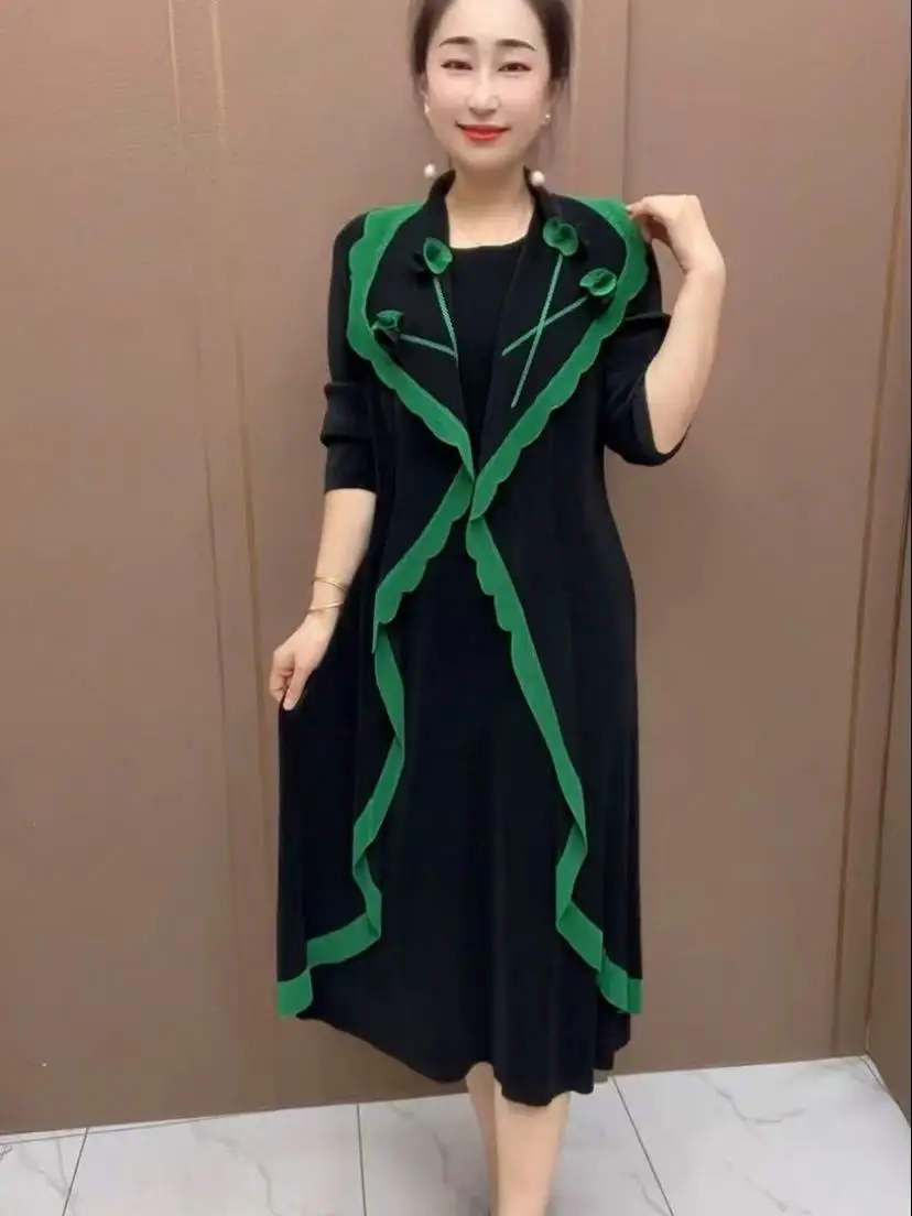 Damska spódnica w stylu casual chic, długa, na wiosnę i jesień, z wysokim stanem, w kształcie litery A, składana, luźna, z nadrukiem kwiatowym.