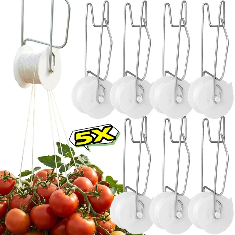 Heavy Duty Tomato Trellis Roller Hook with Rope for Climbing Plants Greenhouse Garden Rust Resistant Adjustable Length Vine Tool