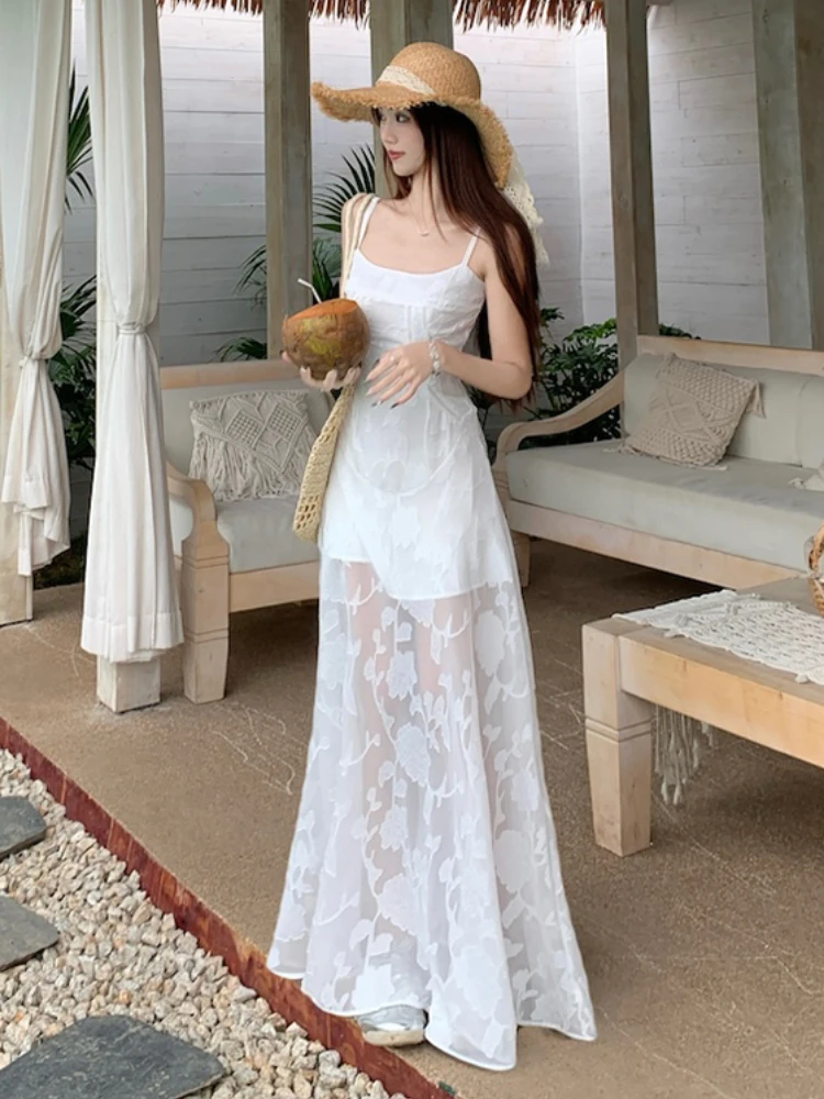 พิมพ์ลูกไม้ Camis ชุดผู้หญิงฤดูร้อน Holiday ชุดยาวสายเกาหลีแฟชั่นเซ็กซี่สูงเอวสปาเก็ตตี้ Vestidos De Mujer