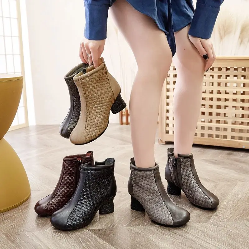 

6cm 2024 Women Ankle Boots Weave Genuine Leather ZIP Elegance Point Toe Spring Autumn Fashion Designer Luxury Chunky Heels Shoes