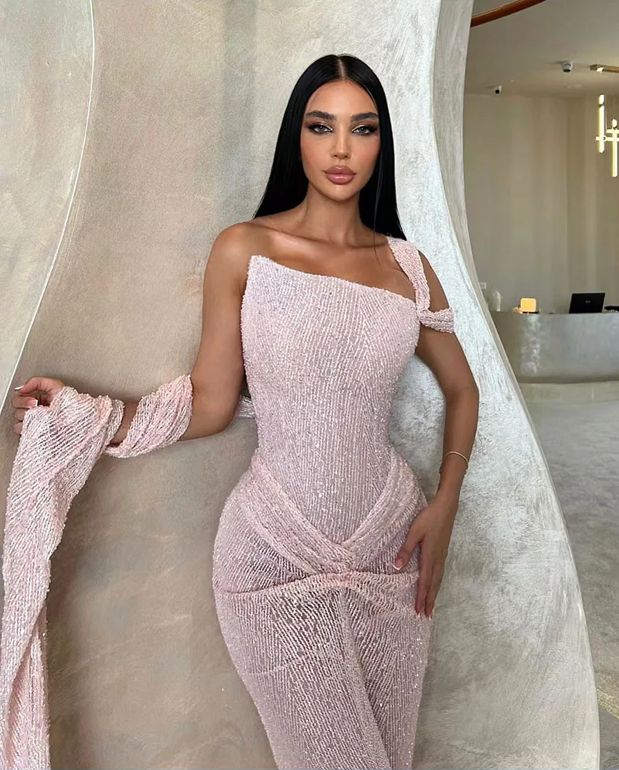 Pink Mermaid Evening Dress Sequined Pleat Off The Shoulder Floor Length Sexy Prom Dress For Women Abric Vestidos De Gala