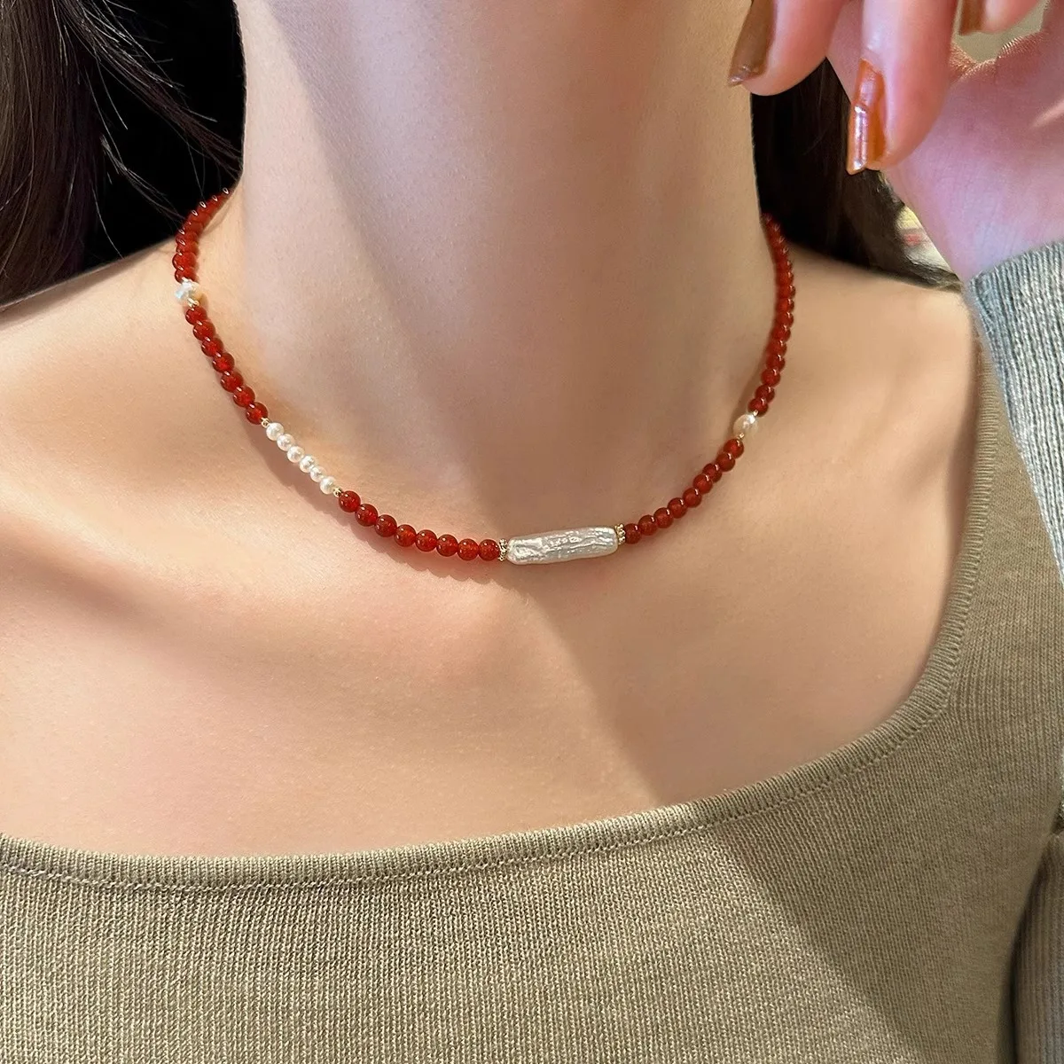 New Arrival Natural Freshwater Pearl & Red Agate 14K Gold Filled Female Jewelry Sets For Women Necklace Bracelet Birthday Gifts