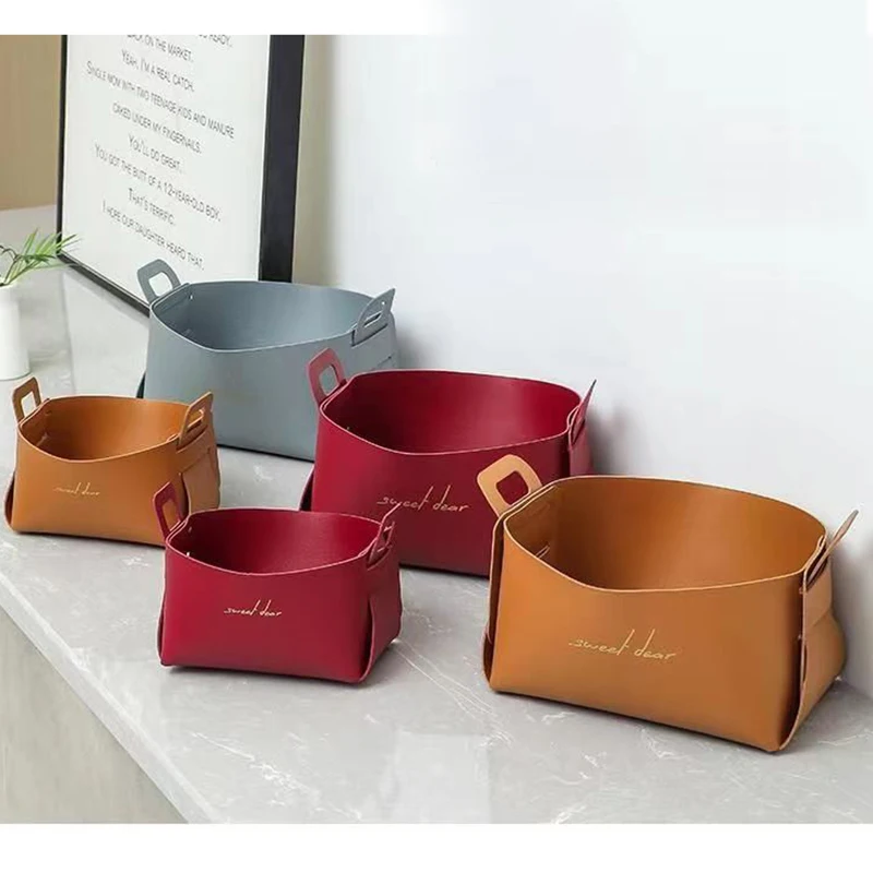 Factory Custom Logo PU Leather Luxury Desktop Storage Basket Tray Organizer Foldable Storage Box  with Handle