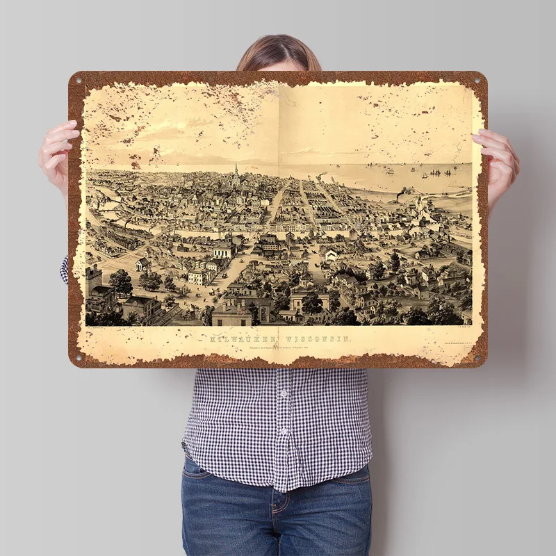Milwaukee Wisconsin 1854 Printed Poster Customized Wall Art Retro Vintage Metal Tin Signs for Home Decoration Bedroom Man Cave